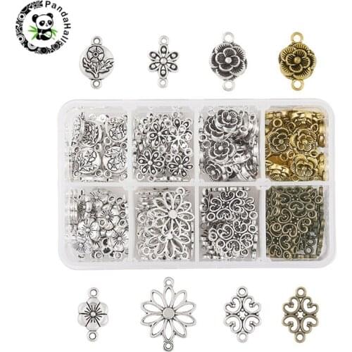 Pandahall 160pcs/Box Alloy Tibetan Style Connectors for Jewelry Findings DIY Bracelets Making Mixed Flower Link Charms 11x7x3cm