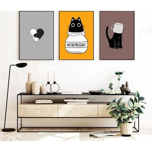 Modern Animals Style Black and White Cat Poster Home Heart Shape Bedroom Decoration Living Room Canvas Painting
