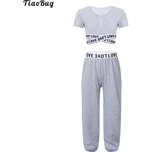 TiaoBug Summer 2Pcs Kids Girls Sportsuit Sportswear Round Neck Short Sleeves Letters Printed Cropped Top And Pants Sets
