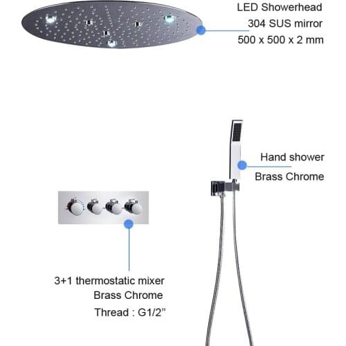 Thermostatic 20 Inch Round Rainfall Shower Set 2 Functions Showerhead Electric LED Shower Kit Ceiling Mounted