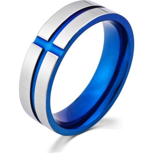 Titanium steel cross blue 6mm wide room blue simple fashion light luxury male god cross ONE ring