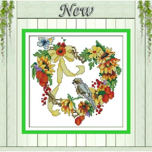 Heart-shaped wreath with the birds flowers Counted Print on fabric DMC 14CT 11CT DIY Cross Stitch Needlework Kit Embroidery Sets