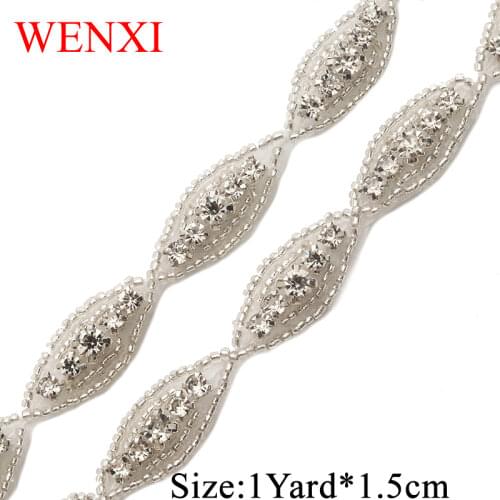 WENXI 1YARD Crystal Rhinestone Applique Sewing On stick on Bridal beaded Trim For Wedding Dress Sash belt Haed band WX882