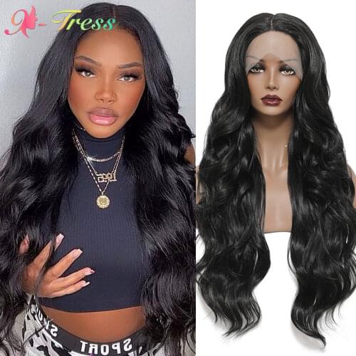 X-TRESS Lace Front Wig Long Wavy Ombre Synthetic Wigs for Black Women Black Color Free Part Lace Wig Heat Resistant Cosplay Wigs