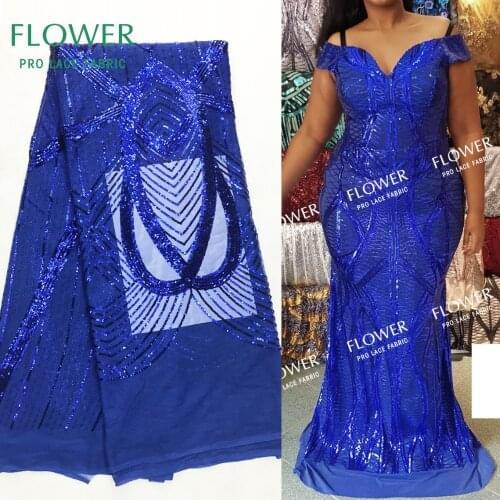 Royal Blue Sequined Embroidered Tulle Mesh Lace Fabric 2020 High Quality Guinea Sequins Wedding Bride Dresses Net Lady Fabrics