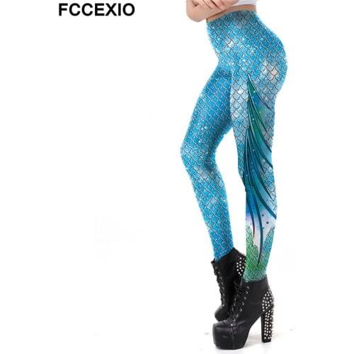 FCCEXIO New Galaxy Mermaid Leggings Women Workout Fitness Legging Shiny Colorful Fish Scales Printed Leggins Plus Size Pants