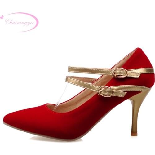 Chainingyee sexy pointed toe pumps fashion color matching belt buckle black red blue high heels women shoes big size 21.5~28.5cm