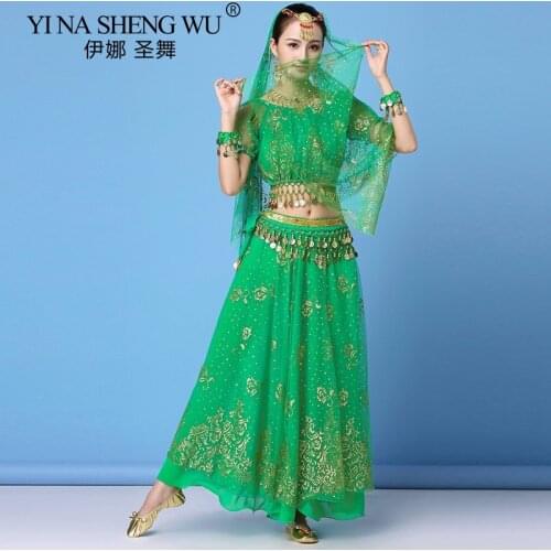 Bollywood Dress Adult Costume Women Indian Dance Set Belly Dance Sari Clothing Dance Performance Clothes Chiffon Skirt Set New