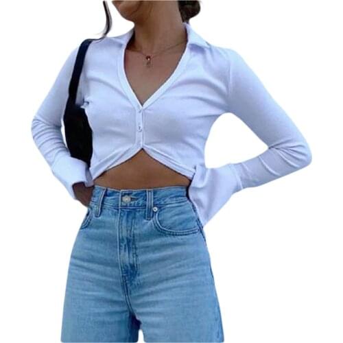 Office Lady Womens Sexy Button Down Tops Long Sleeve V Neck Solid Color Slim Fit Lapel Turn-down Collar T-Shirts