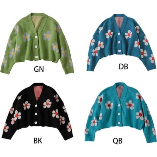 Women Long Sleeve Knitted Short Sweater Cardigan Cute Smiling Flower Print V-Neck Buttons Loose Coat