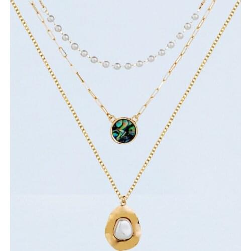 Minar Trendy Multi Layered Colorful Abalone Shell Pendant Necklace for Women Gold Box Chain Faux Pearls Beaded Choker Necklaces