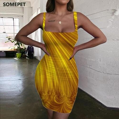 SOMEPET Gold Dresses Women Abstract Sundress Graphics Bodycon Dress Creativity Halter Sleeveless Womens Clothing Summer New