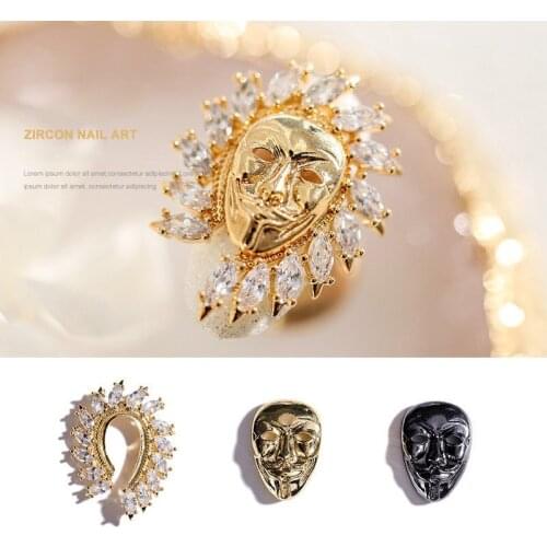 2pcs/lot 3D Punk Mask Alloy Nail Art Zircon Gold Black metal manicure nail accessories Jewelry DIY Nail Decorations Nail charms