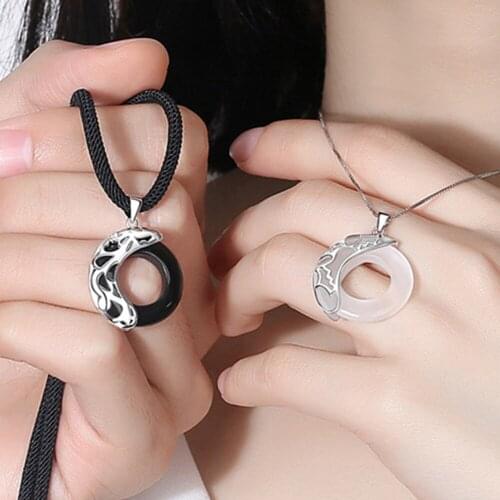 2021 Fashion Men and Women Metal Silver Plated Black Agate Long Chain Pendant Couple Necklace Gift for Lover