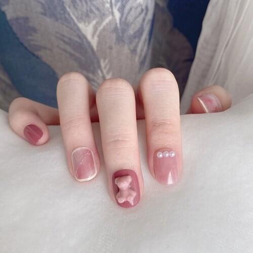 24pcs Cartoon Bear Nail Patch Glue Type Removable Short Paragraph Fashion Manicure Save Time False Nail Patch Fake Nails