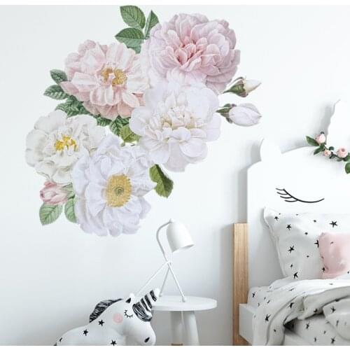 Watercolor Sweet Pink White Peony Wall stickers Flower Wall Decals for Baby Nursery Room Decoration Living Room Bedroom Decor