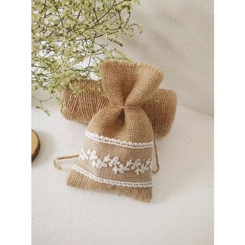 Free shipping DIY handmade Jute bag wedding lace candy bag Branch leaf bag