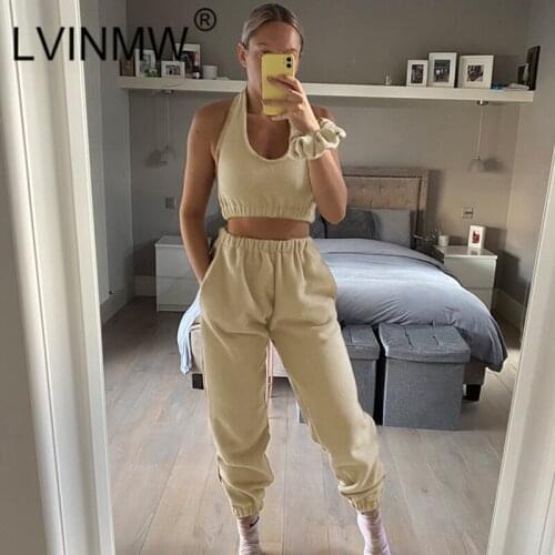LVINMW Pants Sets Autumn Solid Slim Daily Sports Suit Women Halter Backless Sleeveless Tank Top Elastic Waist Ankle Banded Pant