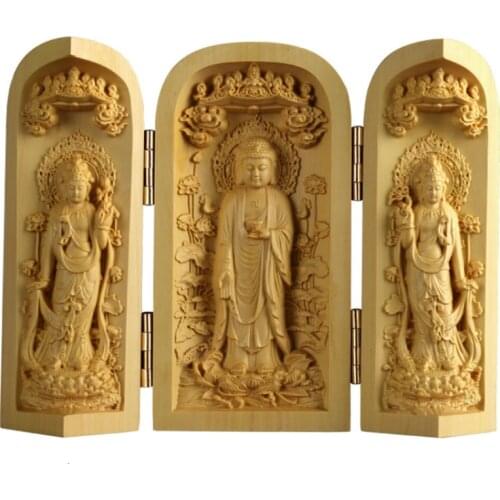 Wooden Crafts Statues Boxwood Carving Furniture Solid Wood Carvings Handlebars Three Boxes Home Decor Ornaments Buda Sculpture