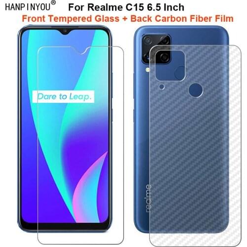 For Realme C15 6.5" 1 Set = Soft Back Carbon Fiber Film + Premium Tempered Glass Front Screen Protector