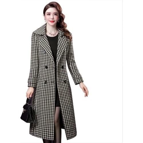 Houndstooth Woolen Jackets 2021 Womens Winter Coats Long Thicken Warm Wool Overcoat Loose Oversize Belt Vintage Lady Plaid Coat