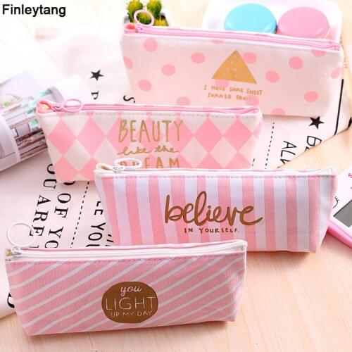 2020 Kawaii Pink Canvas Pencil Case Cute Dot Stripe Pencil Bag School Supplies Student Stationery Gift Pencil Box Pencil Bag HOT