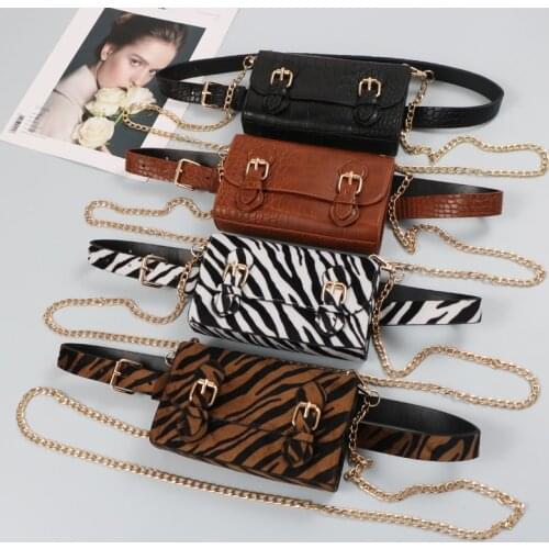 Hotselling Zebra-stripe Pu Fanny Packs Women Fashion Waist Belt Phone Bag Girls Coin Purse Makeup Pack Long Chain Messenger Bag