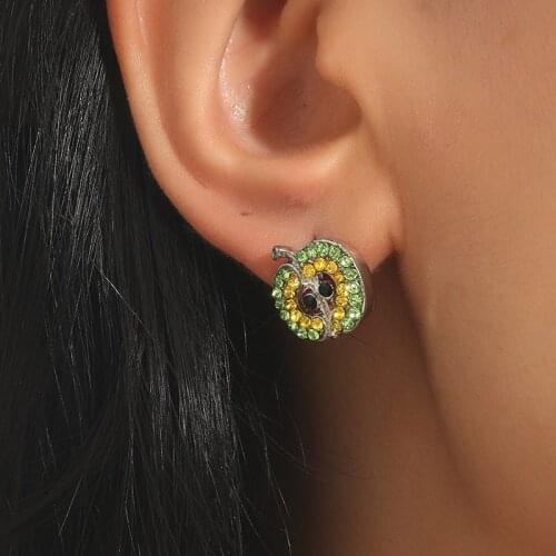 Fashion Female Silver Color Metal Green Rhinestone Cute Fruit Apple Stud Earrings For Women Girls Jewelry Accessories Gifts