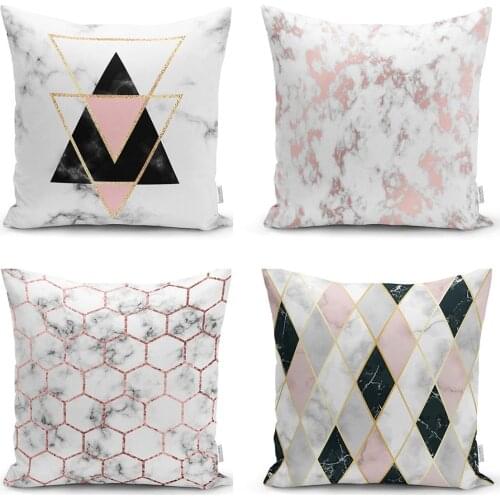 Marble-Floored Geometric Pattern Motif 4'lü Modern Cushion Pillow Decorate Case High Quality Stylish Home Garden Room Kitchen Gift Useful Decorative Colorful