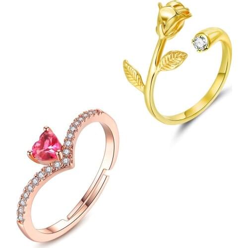 New and Simple Creativity Golden Rose Couple Rings Adjustable Opening Heart Shaped Red Zircon Gold Ring Pink Charms Bague Femme