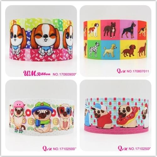 Q&N ribbon 16mm 22mm 25mm 38mm 50mm 75mm cartoon dog printed grosgrain ribbon webbing 50yards/roll for hair tie free shipping