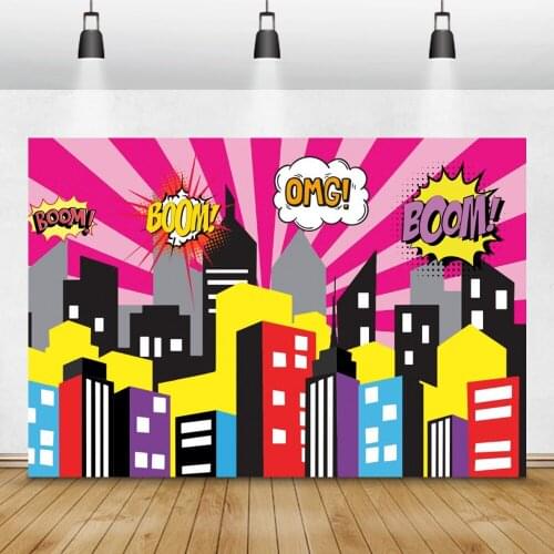 Happy Birthday Superhero City Kid Baby Cartoon Portrait Party Decro Photographic Backdrops Photo Background Photozone Photophone