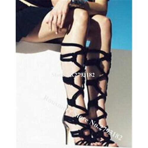 Brand Design Women Fashion Open Toe Rope Cross Stiletto Heel Knee High Gladiator Boots Cut-out Long High Heel Sandal Boots Heels