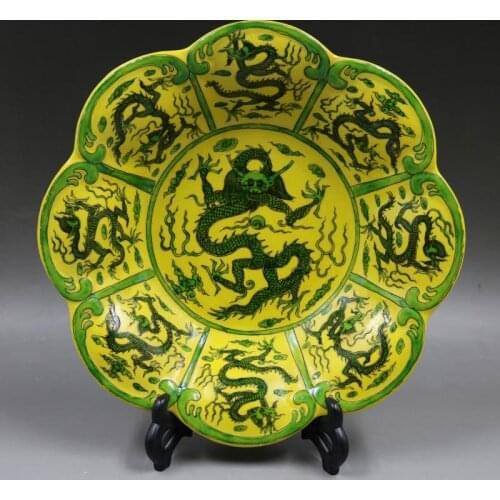 Antique Old Chinese porcelain plate,Yellow ground green color plate,hand-painted crafts,home Decoration,collection & adornment