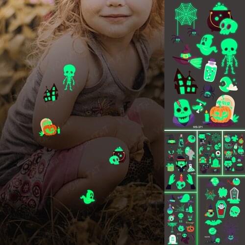 Luminous Tattoo Halloween Day Of The Dead Skull Ghost Face Pumpkin Lantern Night Glow Tatto Man Woman Kid Child Flash Fake Tatoo