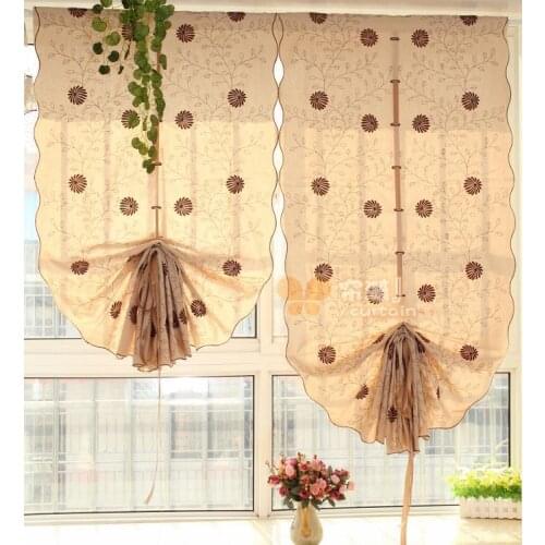 Japanese style cotton material Pull-up balloon curtain daisy embroidered decorative kitchen curtain for home window
