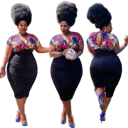 Womens Summer Deep V-neck Sexy Print Pleated Dress Elegant Bodycon Skinny Vintage Party Dresses Office Work Outfits Plus Size