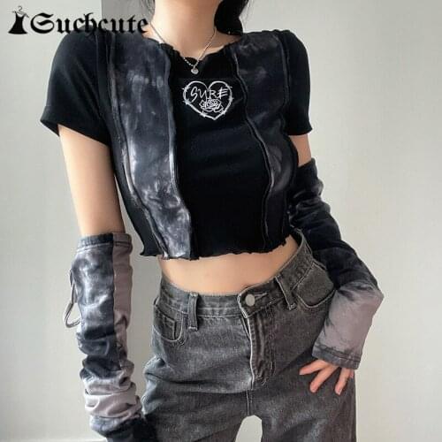 SUCHCUTE Heart Printed Patchwork Women T-Shirts Black Cropped Tops With Gloves Gothic Clothes Harajuku Casual Lady Tops Tie Dye