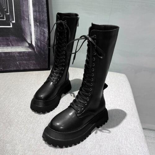 Faux Leather Women Knee High Boots Lace Up Round Head Boots Women Long Chunky Block High Heel Boots Black Martin Boots