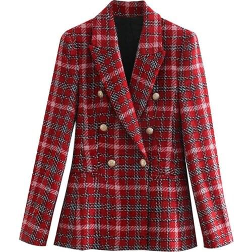 Women Blazer Za Red Plaid Print Double Breasted Office Lady Jackets Female Button V-Neck Stylish Blazer Mujer Tops