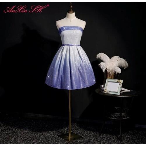 AnXin SH Luxury princess blue sparkly satin host strapless sleeveless birthday party short blue a line evening dress
