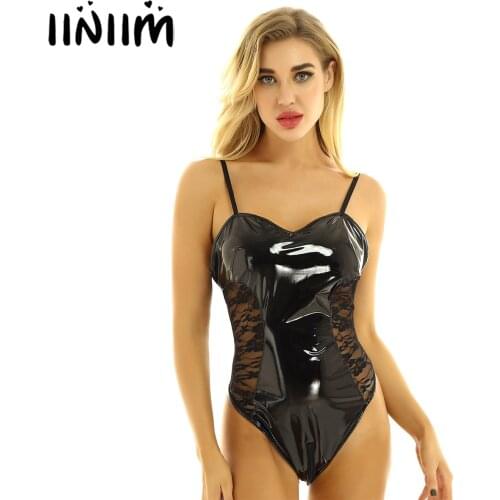 Womens Wetlook Lingerie Bodycon Clubwear Spaghetti Straps Zippered Crotch Sexy Leotard Bodysuit Latex Catsuit Pole Dance Costume