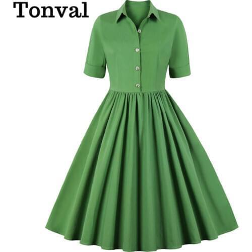Tonval Turn down Collar Button Up Vintage Pleated Shirt Dress Women Half Sleeve Solid Elegant Office Ladies Dresses