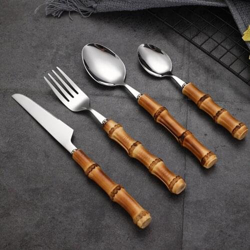 1 pcs Bamboo handle tableware Western Steak Knife Cake Dessert Spoon Stainless Steel Knife Fork Dessert Spoon Dinnerware 2021