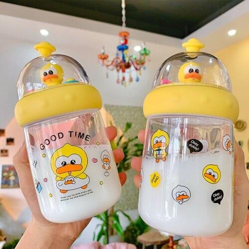 450ml Cartoon Cute Duck Drink Water Straw Bottle Plastic Ins for Baby Kids Children Student Boy Girl Creative Gift Wholesale