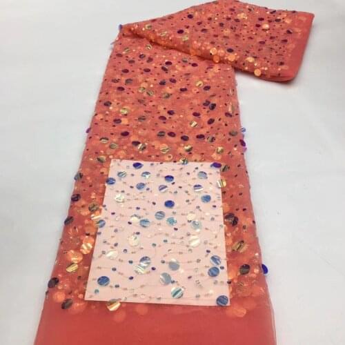 5yards/pc) Very beautiful embroidered African tulle lace coral red French net lace fabric with beads and big sequins FSS366