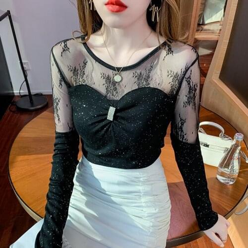 #8632 Summer Black Spliced Gauze Long Sleeve T Shirt Women O Neck Hollow Out Sexy Skinny See Through Women Tops Korean Fashion