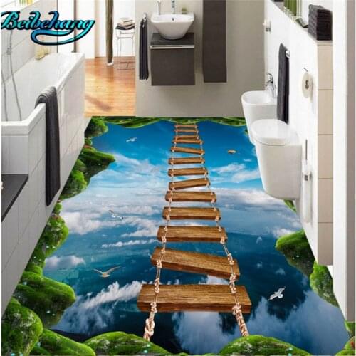 Beibehang Lawn cliffs blue sky white clouds suspended wooden bridge walkway hall 3D floor custom wallpaper mural decoration