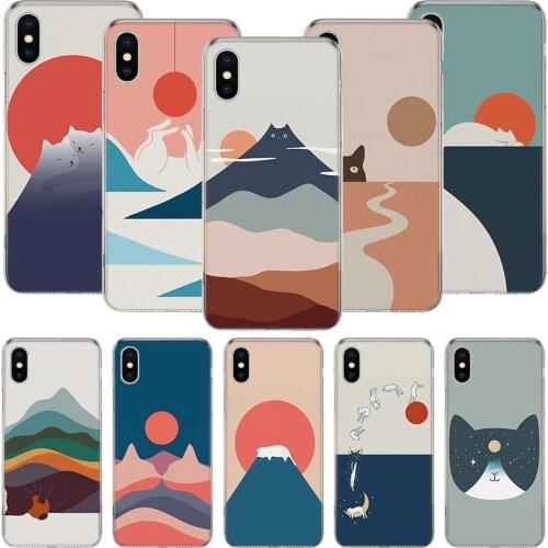 Abstract Art Cat Mount Fuji Japan Landscape Phone Case For iPhone 11 12 Pro XS XR X Max 7 8 6 6S Plus Mini + 5 SE Pattern Custom