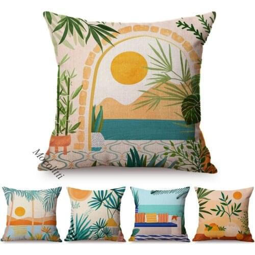 Seaside Landscape Exotic Water Color Art Pillow Case Tropical Plants Kids Room Decoration Sofa Cushions Cover Linen Kussenhoes